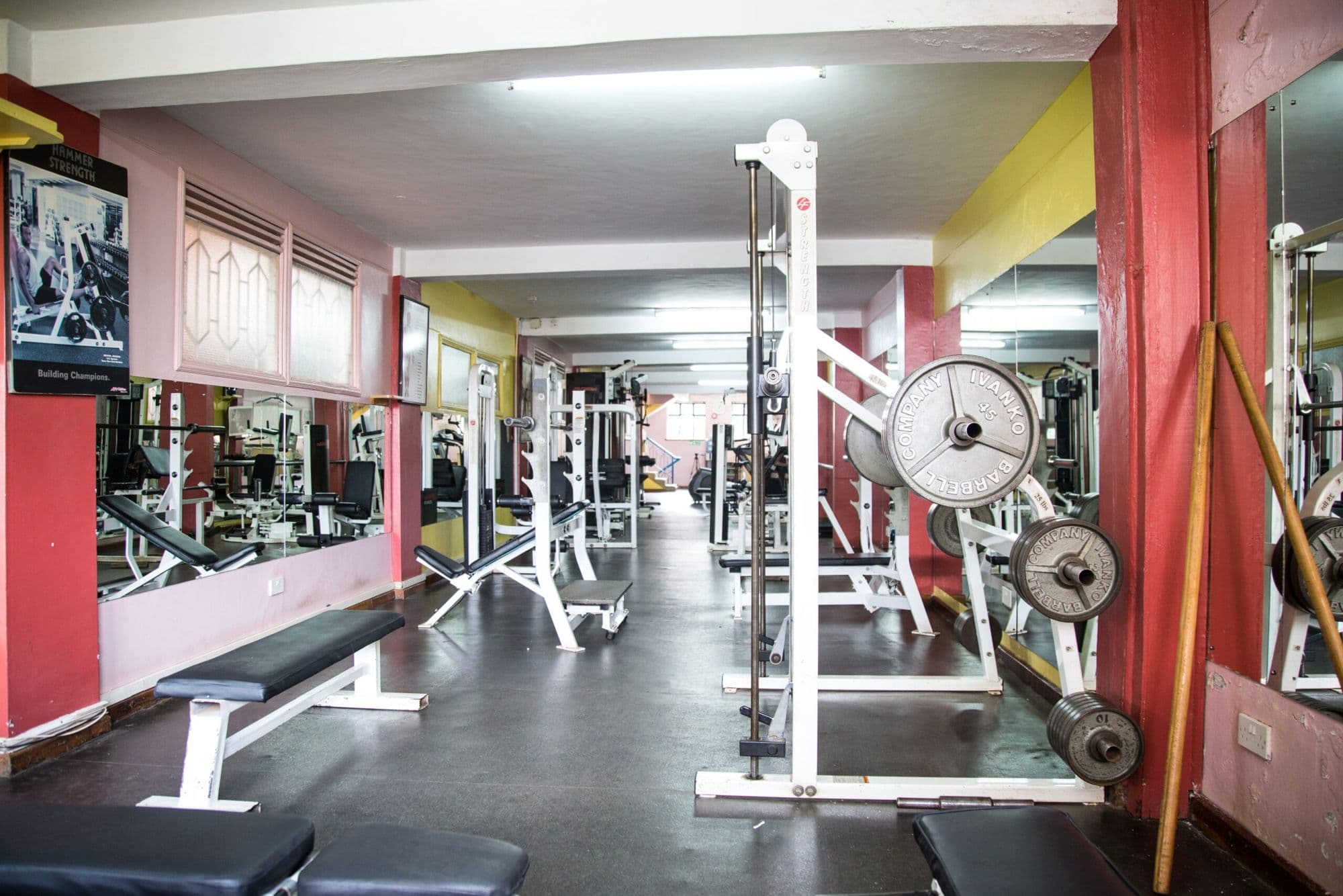 The free-weights and rack area of the Njema Court gym
